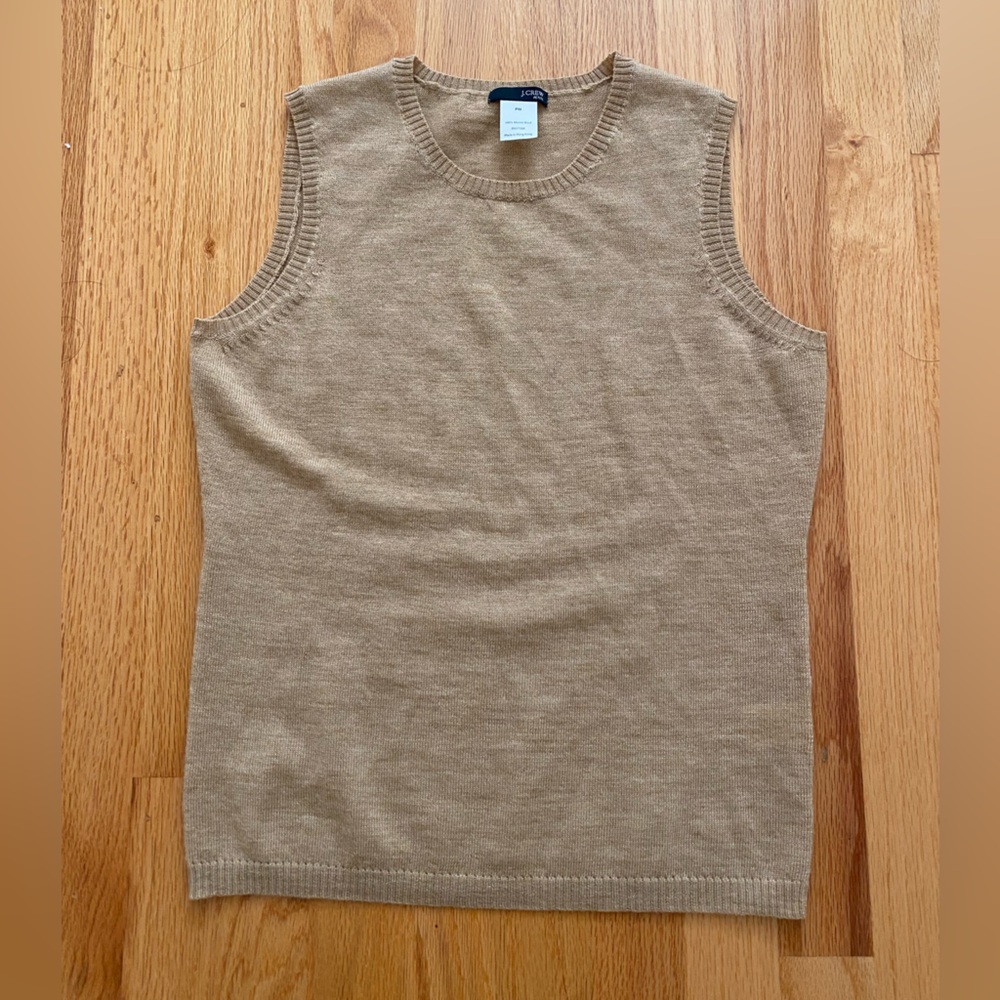 J. Crew Camel color sleeveless merino wool sweater.